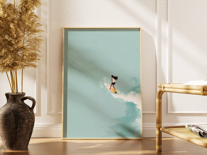 Affiche Surfeuse Minimaliste – Vague Océanique et Esprit Surf | Poster sur Papier Mat