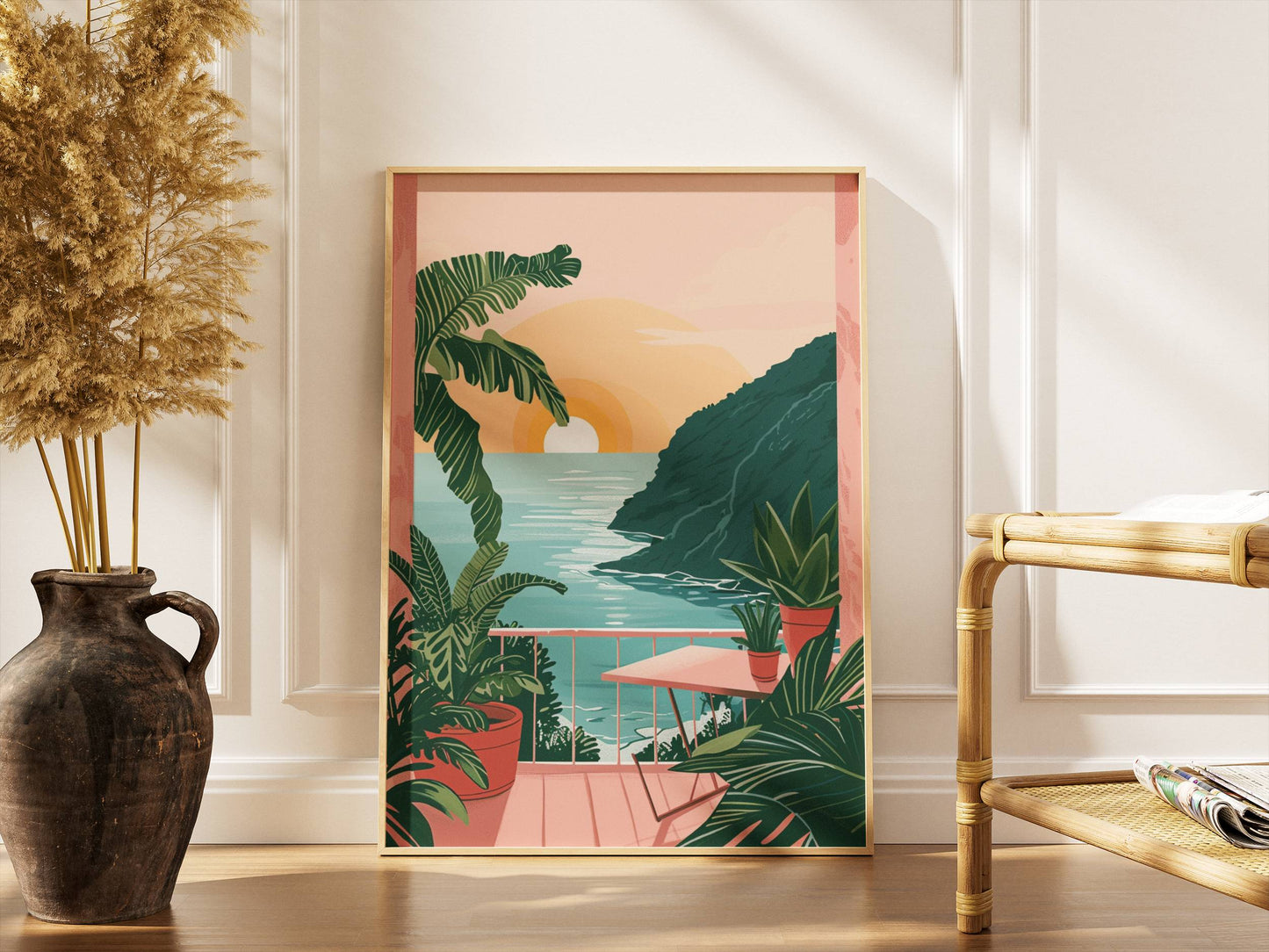 Affiche Terrasse Tropicale au Coucher du Soleil – Vue sur l’Océan et Évasion Paradisiaque | Poster sur Papier Mat