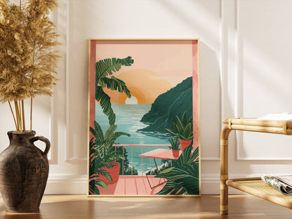 Affiche Terrasse Tropicale au Coucher du Soleil – Vue sur l’Océan et Évasion Paradisiaque | Poster sur Papier Mat