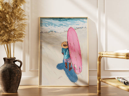 Affiche Trendy Surfeur et Planche Rose – Esprit Plage et Évasion Estivale | Poster sur Papier Mat