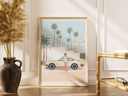Affiche Porsche Vintage devant Motel Rétro – Californian Dream & Lifestyle Estival | Poster Automobile Chic