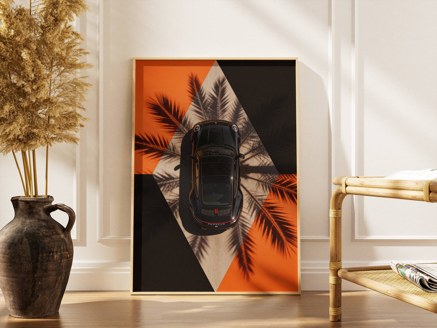 Affiche Porsche Vue Aérienne – Design Graphique Moderne & Ombres de Palmiers | Poster Automobile Premium