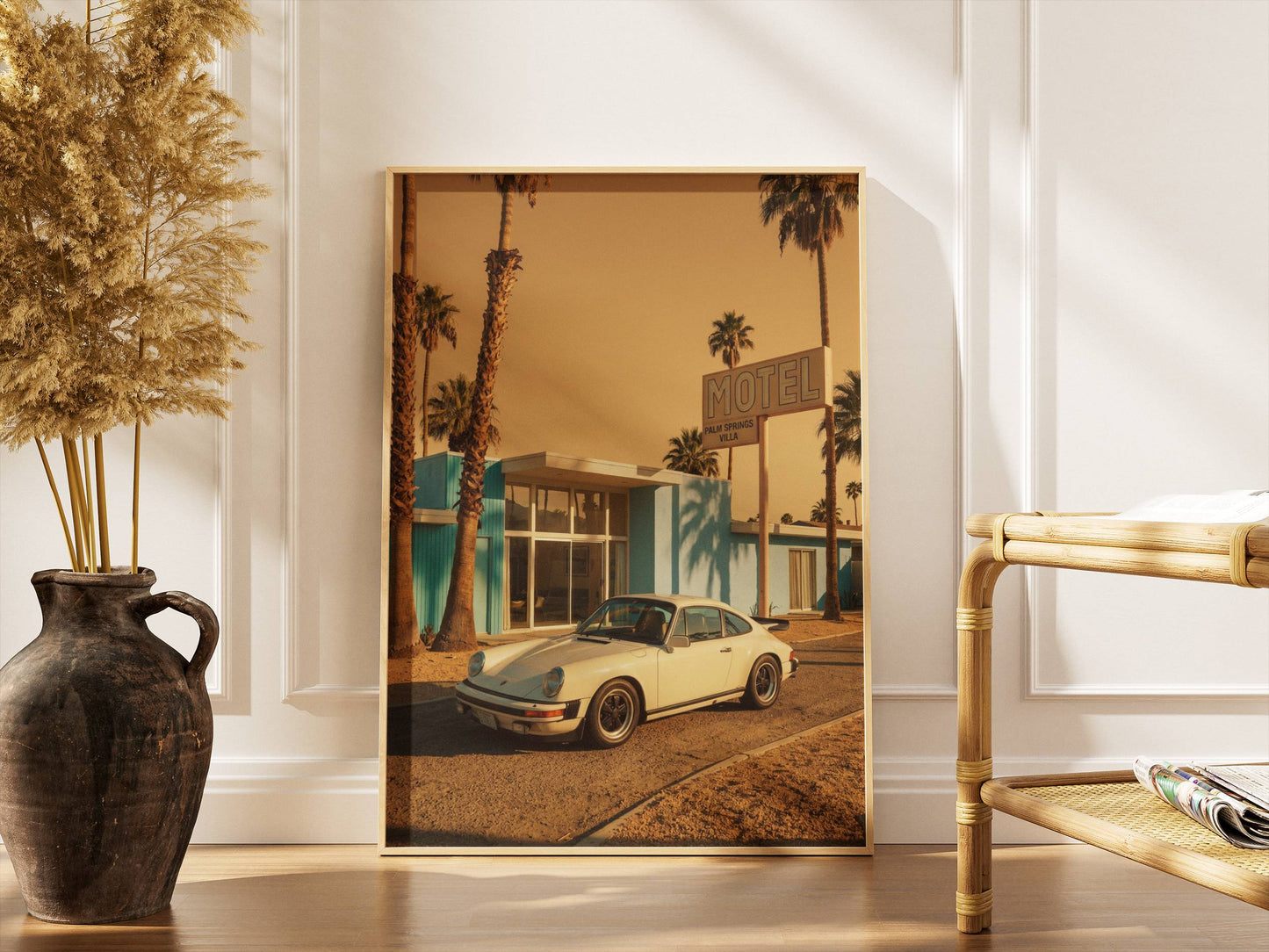 Affiche Porsche 911 devant Motel Vintage – Esprit Road Trip Américain & Architecture Mid-Century | Poster Automobile Rétro