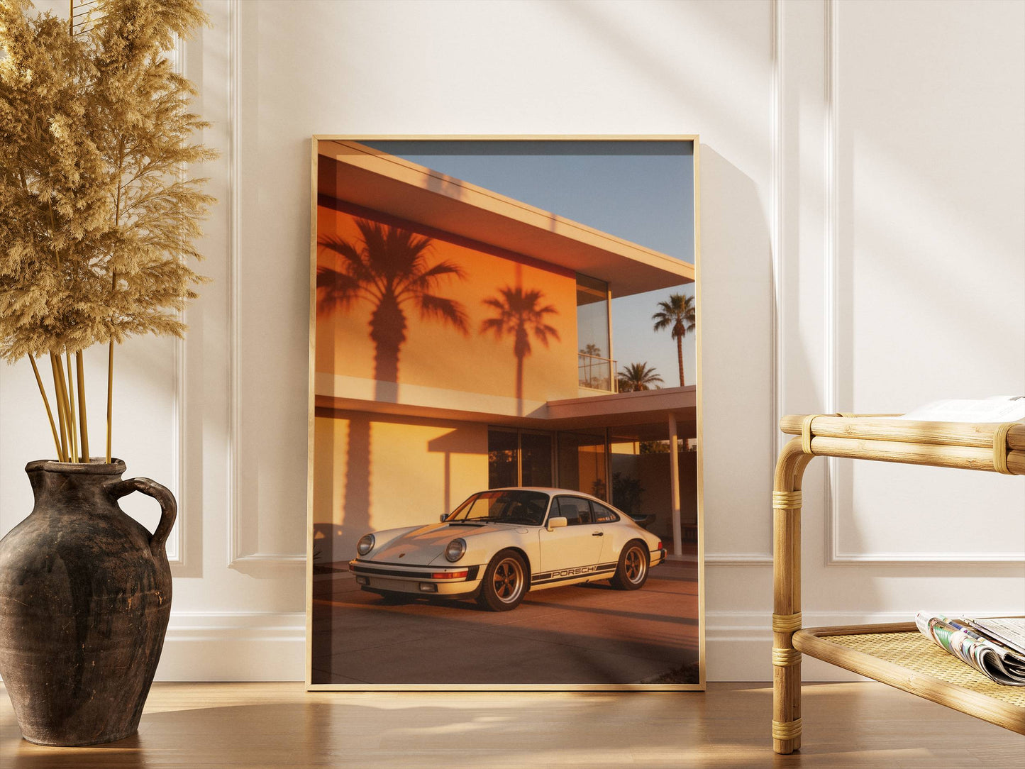 Affiche Porsche Classique devant Villa Moderniste – Architecture de Luxe & Design Rétro | Poster Automobile Premium