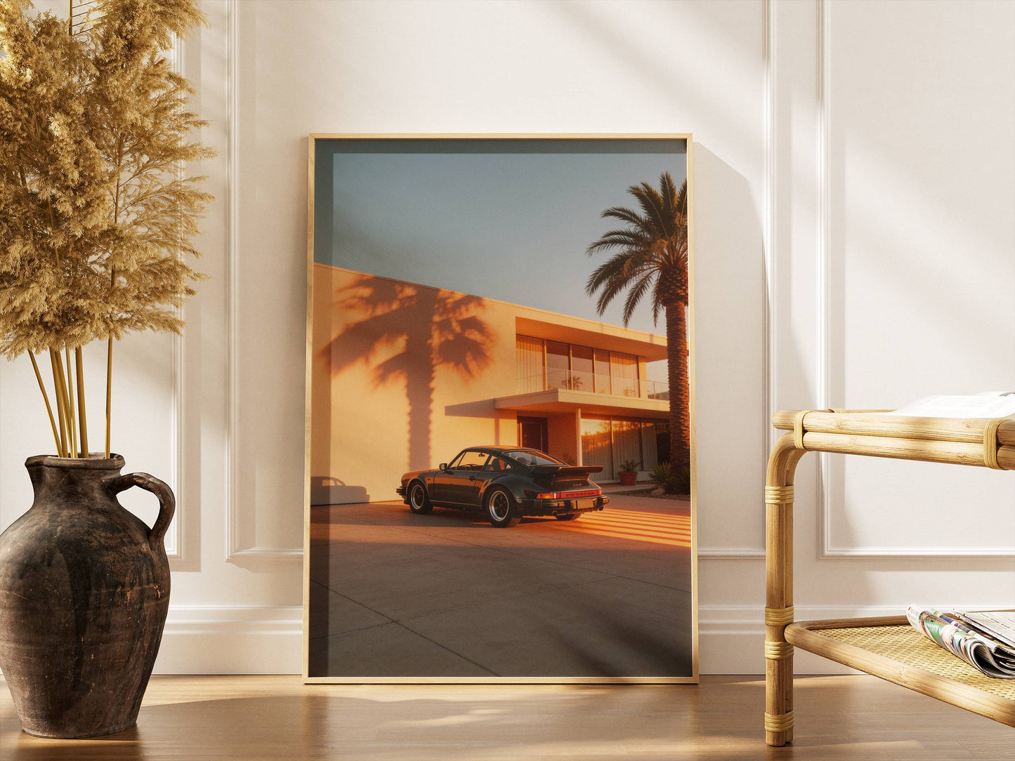Affiche Porsche 911 Noire & Architecture Contemporaine – Jeu d’Ombres Graphiques et Lumière Dorée | Poster Design Automobile