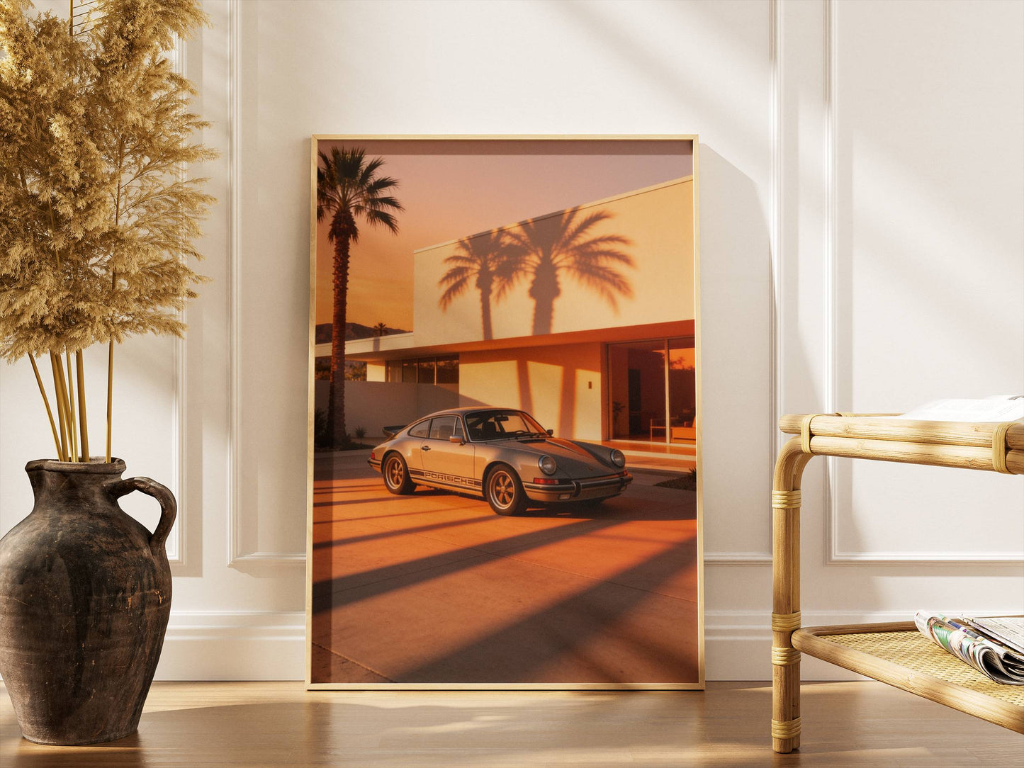 Affiche Porsche 911 au Coucher du Soleil – Lumière Californienne & Ombres de Palmiers | Poster Automobile Vintage Premium