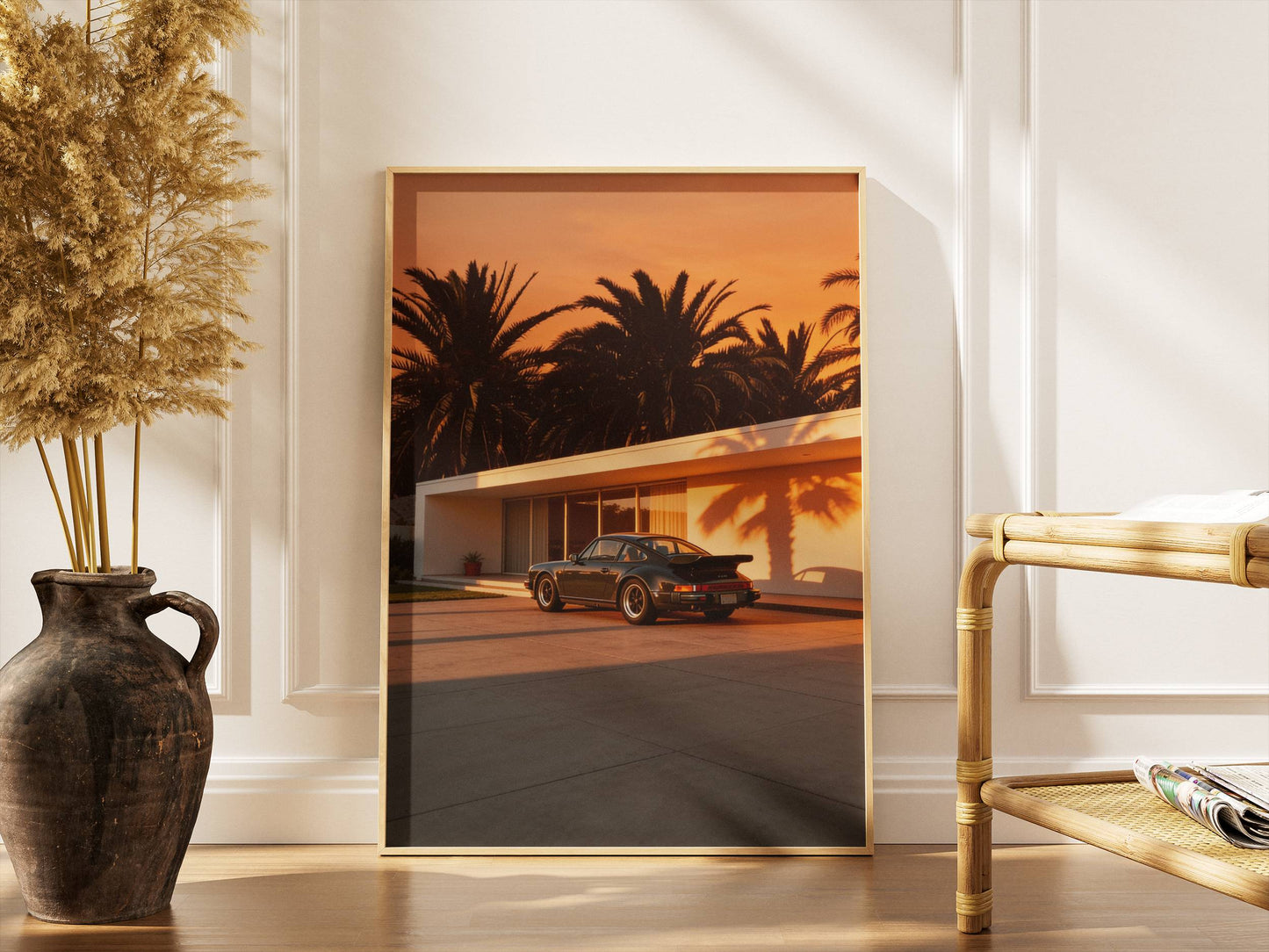 Affiche Porsche 911 au Sunset – Ambiance Cinématographique & Palmiers Tropicaux | Poster Automobile Vintage