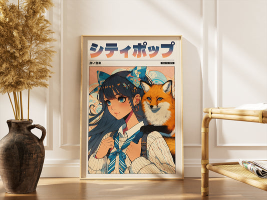 Kitsune Fox Girl Poster | Japanese Anime Wall Decor