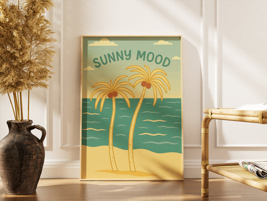 Sunny Mood Beach Poster, Vintage Coastal Wall Art, Retro Palm Tree Print, Summer Beach Decor, Tropical Ocean Artwork, Boho Seaside Poster