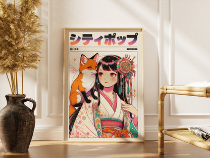 Japanese Fox Spirit Anime Poster | Kitsune Wall Art Print