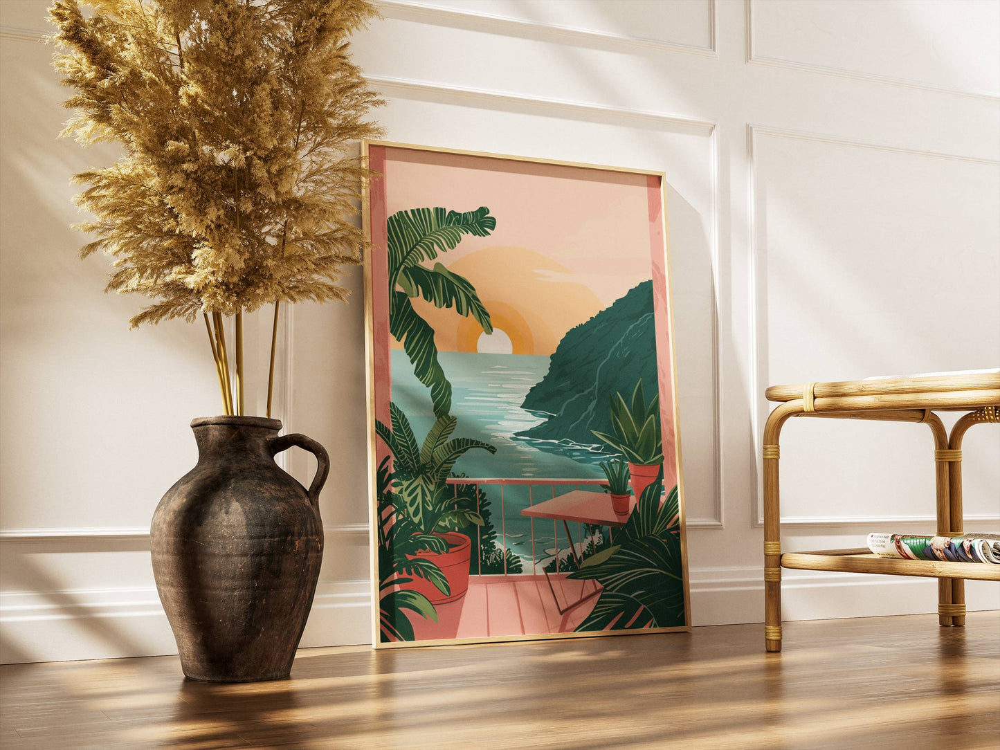 Affiche Terrasse Tropicale au Coucher du Soleil – Vue sur l’Océan et Évasion Paradisiaque | Poster sur Papier Mat