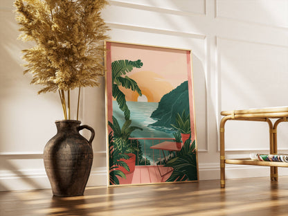 Affiche Terrasse Tropicale au Coucher du Soleil – Vue sur l’Océan et Évasion Paradisiaque | Poster sur Papier Mat