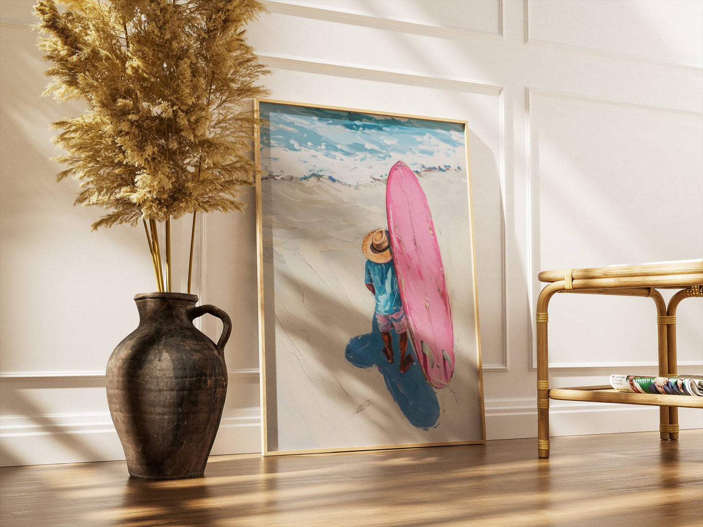 Affiche Trendy Surfeur et Planche Rose – Esprit Plage et Évasion Estivale | Poster sur Papier Mat