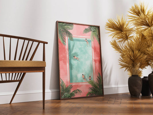Affiche Piscine Tropicale Vintage – Poster Été Minimaliste Rose & Deco Murale Palmier