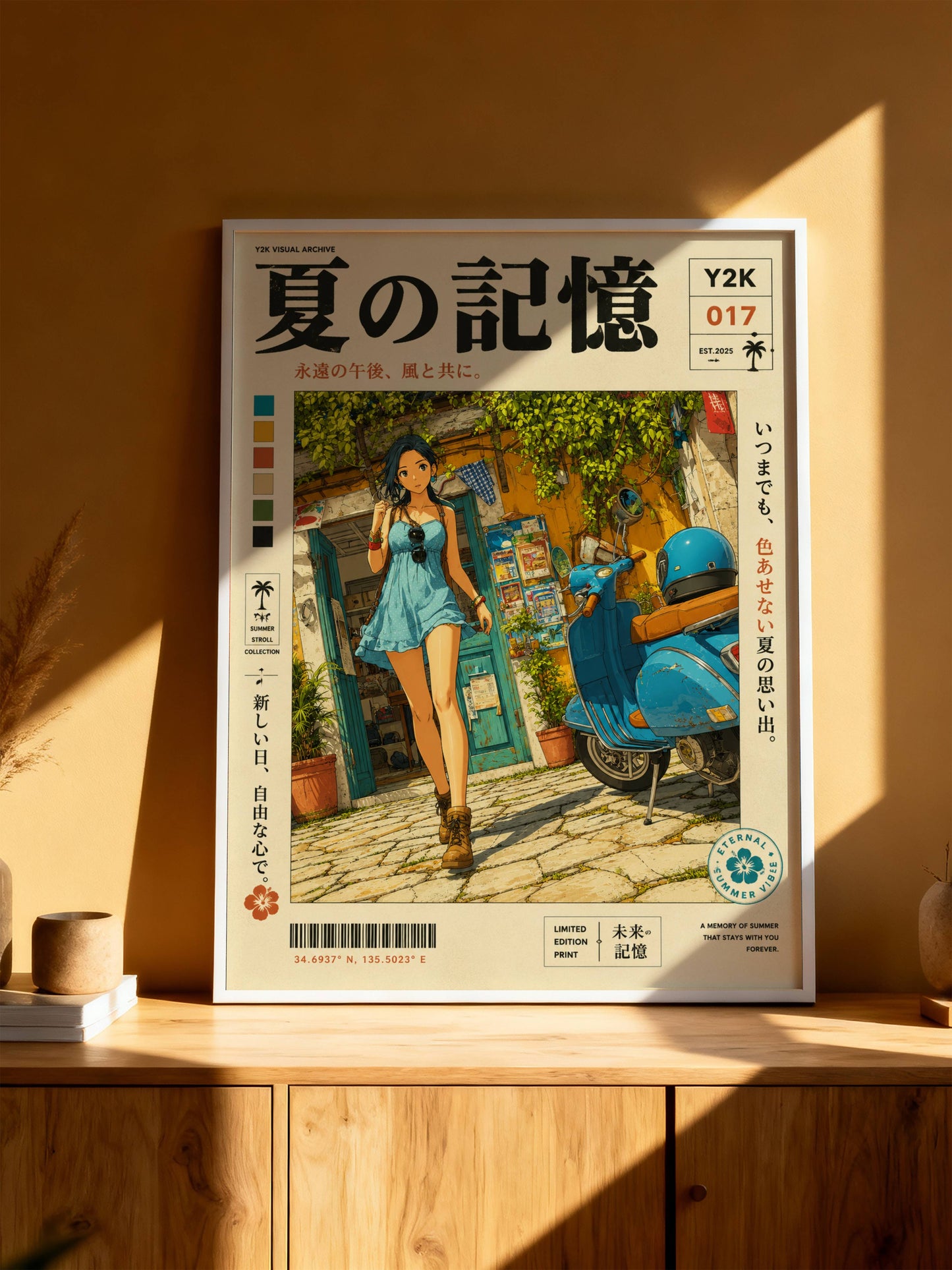 Mediterranean Summer Stroll – Y2K Scooter Girl Poster, Vintage Coastal Village, Anime Aesthetic Wall Art