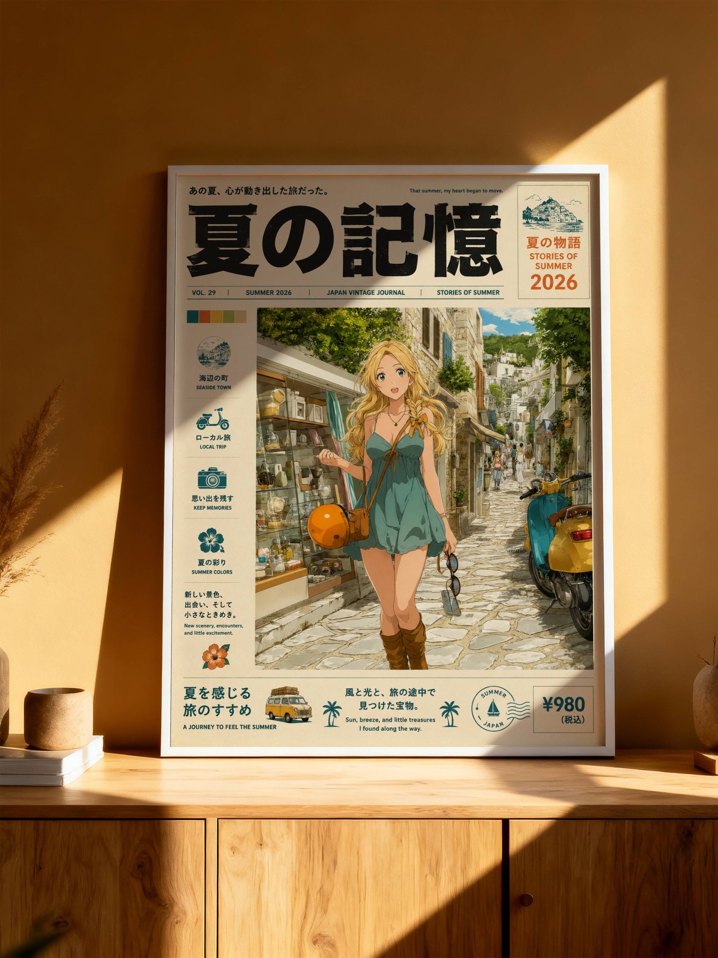 Golden Hour Stroll – Y2K Mediterranean Summer Poster, Blonde Girl in Coastal Village, Vintage Holiday Magazine Cover Art