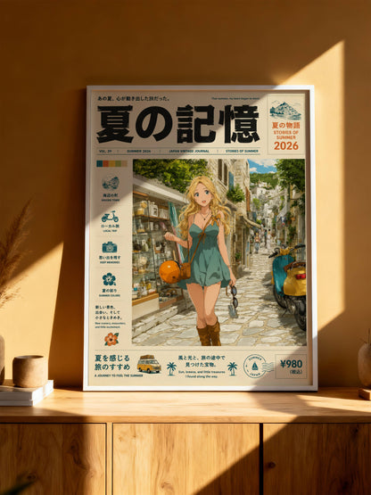 Golden Hour Stroll – Y2K Mediterranean Summer Poster, Blonde Girl in Coastal Village, Vintage Holiday Magazine Cover Art