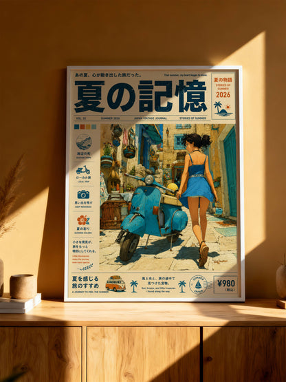 Azure Scooter Getaway – Y2K Summer Poster, Blue Vespa & Mediterranean Alley, Vintage Coastal Holiday Wall Art