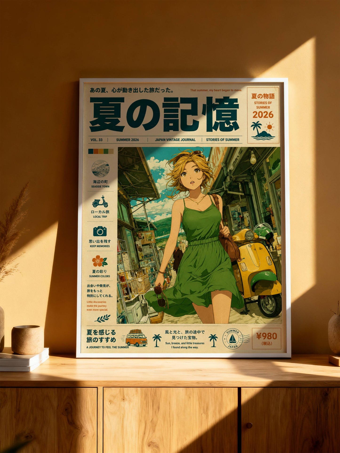 Emerald Summer Runaway – Y2K Coastal Poster, Green Dress Girl & Yellow Vespa, Mediterranean Village Wall Art