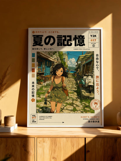 Sunlit Village Dreams – Y2K Summer Girl Poster, Mediterranean Alleyway, Coastal Escape, Retro Anime Wall Art