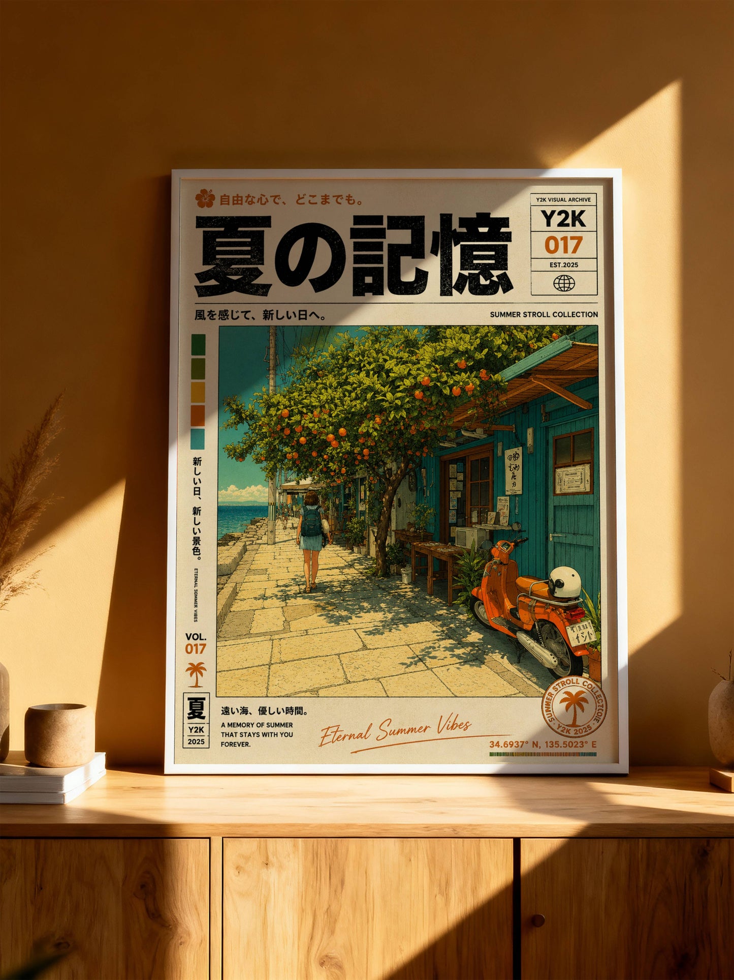 Azure Coast Hideaway – Vintage Scooter Poster, Mediterranean Seaside Street, Y2K Summer Archive, Retro Travel Wall Art