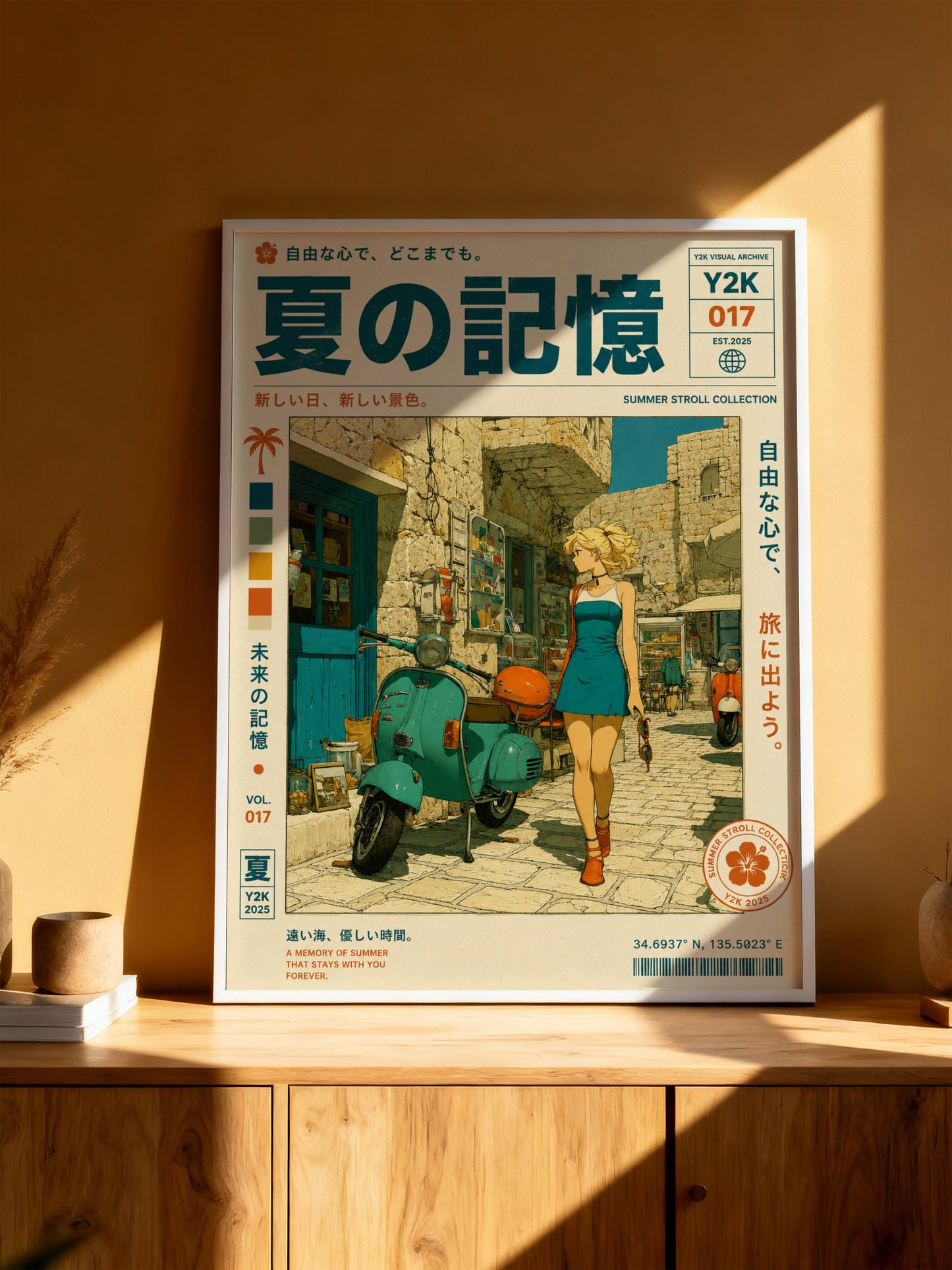 Scooter Rendez-vous – Y2K Summer Girl Poster, Mediterranean Stone Village, Vintage Vespa Aesthetic, Coastal Holiday Wall Art