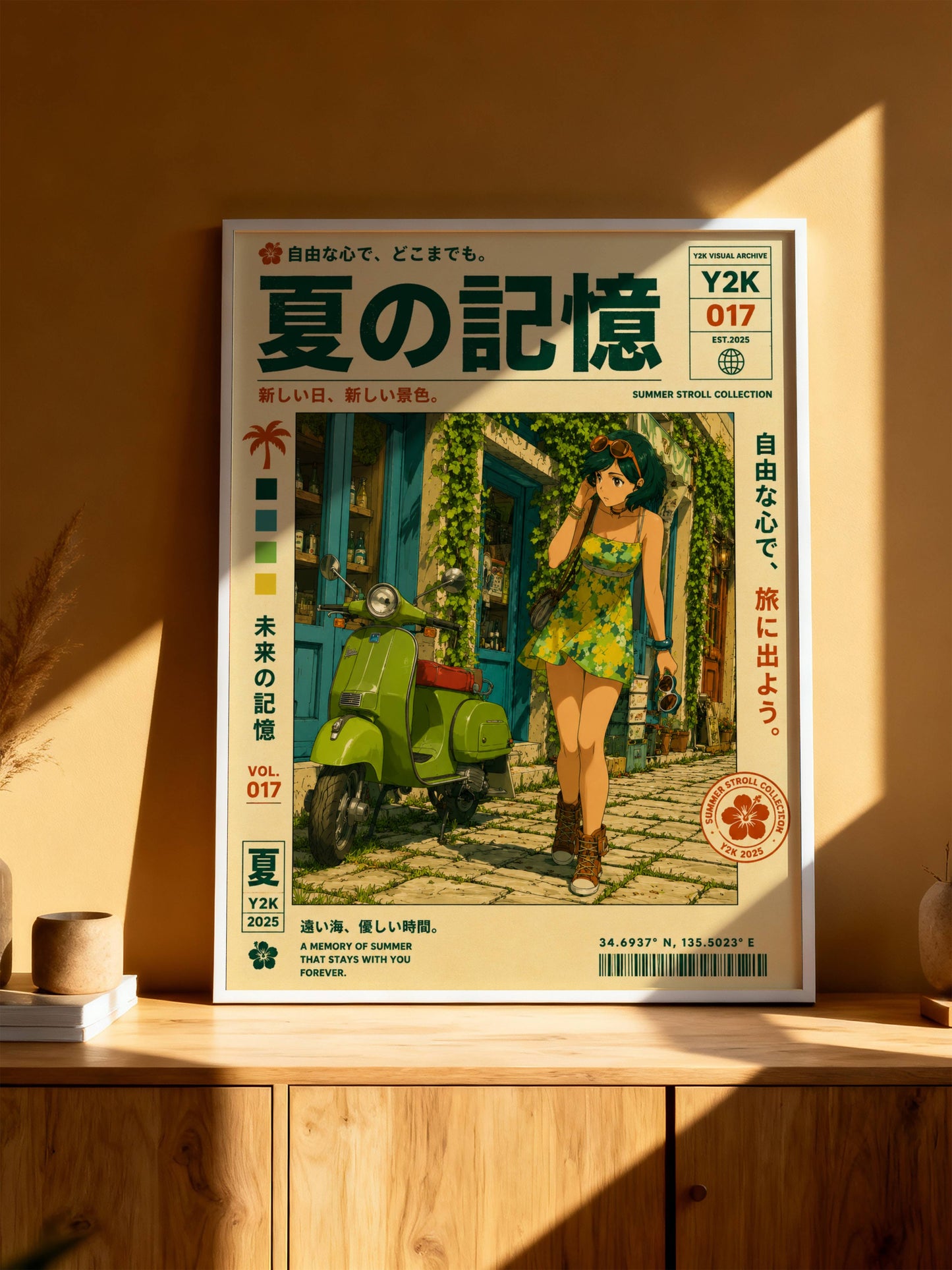 Lime Vespa Summer Days – Y2K Mediterranean Girl Poster, Coastal Village Escape, Vintage Holiday Aesthetic Wall Art