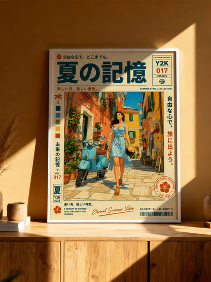 Sunlit Vespa Boulevard – Y2K Mediterranean Summer Poster, Blue Scooter Girl, Coastal Village Wanderlust, Vintage Travel Art