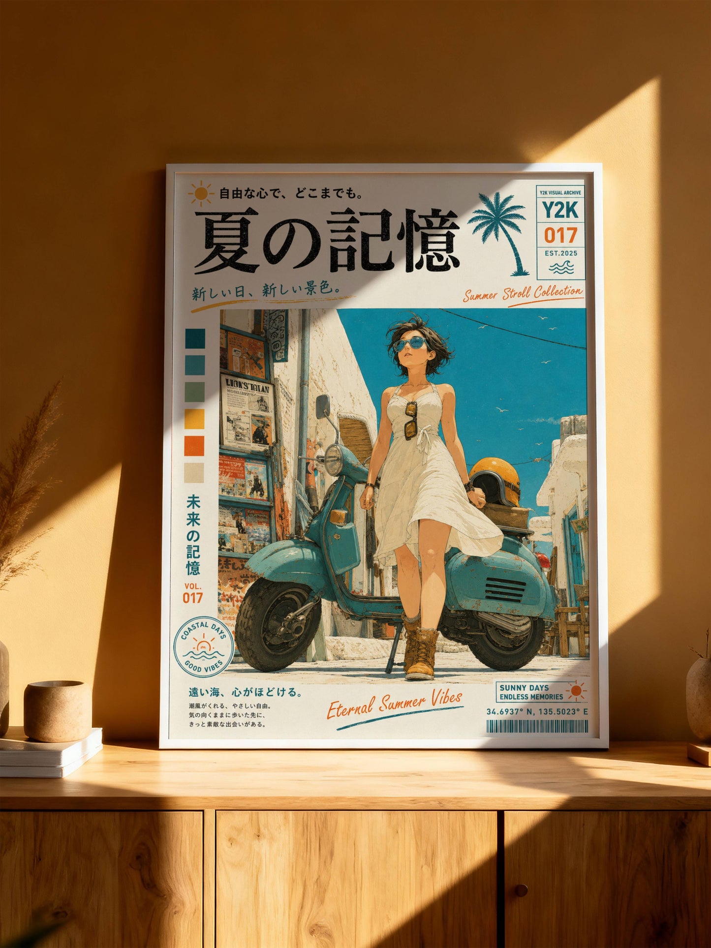 White Dress, Blue Horizons – Y2K Mediterranean Summer Poster, Vintage Scooter Aesthetic, Seaside Escape Wall Art, Coastal Dreamscape