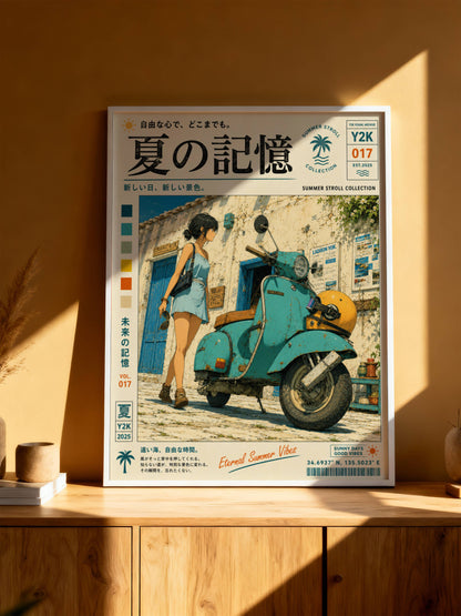 Blue Vespa Afternoon – Y2K Summer Memories Poster, Mediterranean Scooter Girl, Vintage Coastal Street Scene, Retro Travel Print