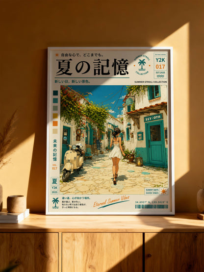 Mediterranean White Streets – Y2K Summer Girl Poster, Sunlit Coastal Village, Vintage Holiday Aesthetic, Seaside Wanderlust Print