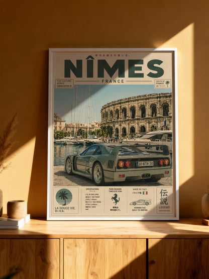 Ferrari F40 Nîmes Vintage Travel Poster – Affiche Automobile Rétro France & Supercar Iconique