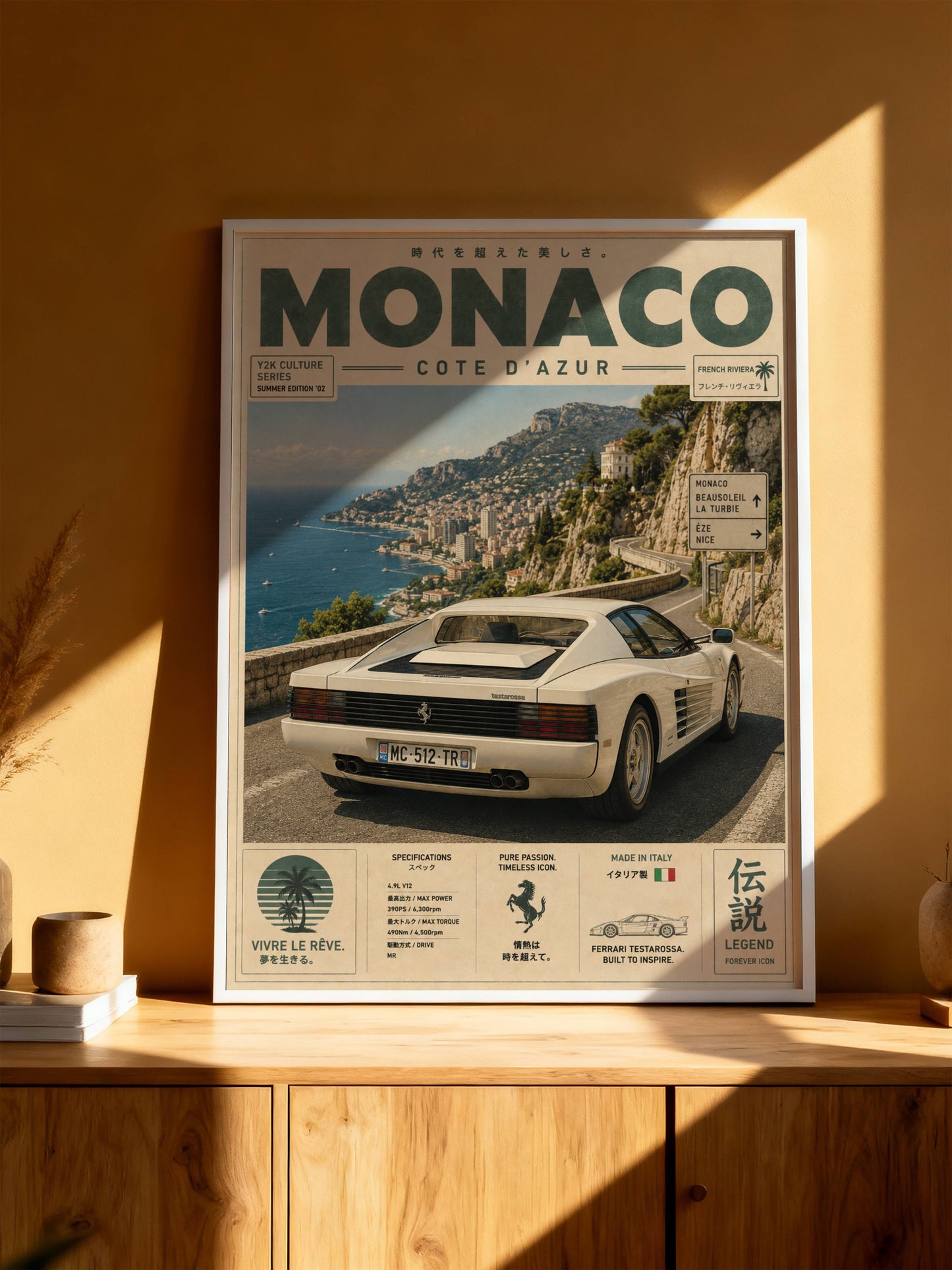 Ferrari Testarossa Monaco Riviera Poster – Affiche Vintage Côte d’Azur & Supercar Italienne