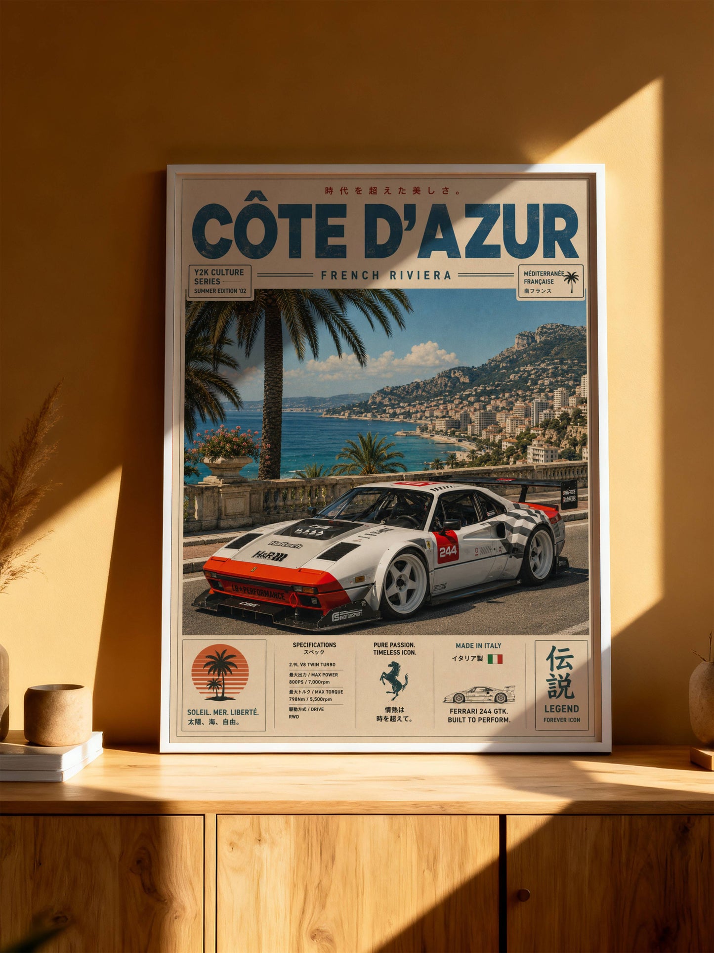 Ferrari 244 GTK Côte d’Azur Poster Vintage – Affiche Riviera Française & Voiture de Collection