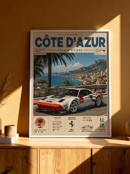 Ferrari 244 GTK Côte d’Azur Poster Vintage – Affiche Riviera Française & Voiture de Collection