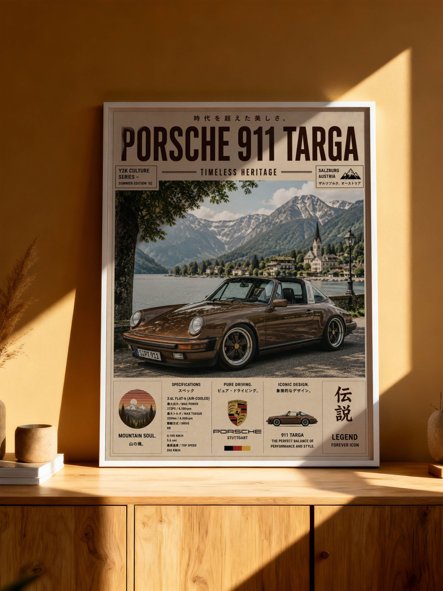 Porsche 911 Targa Alpine Escape Poster – Affiche Vintage Automobile Classique & Paysages de Montagne
