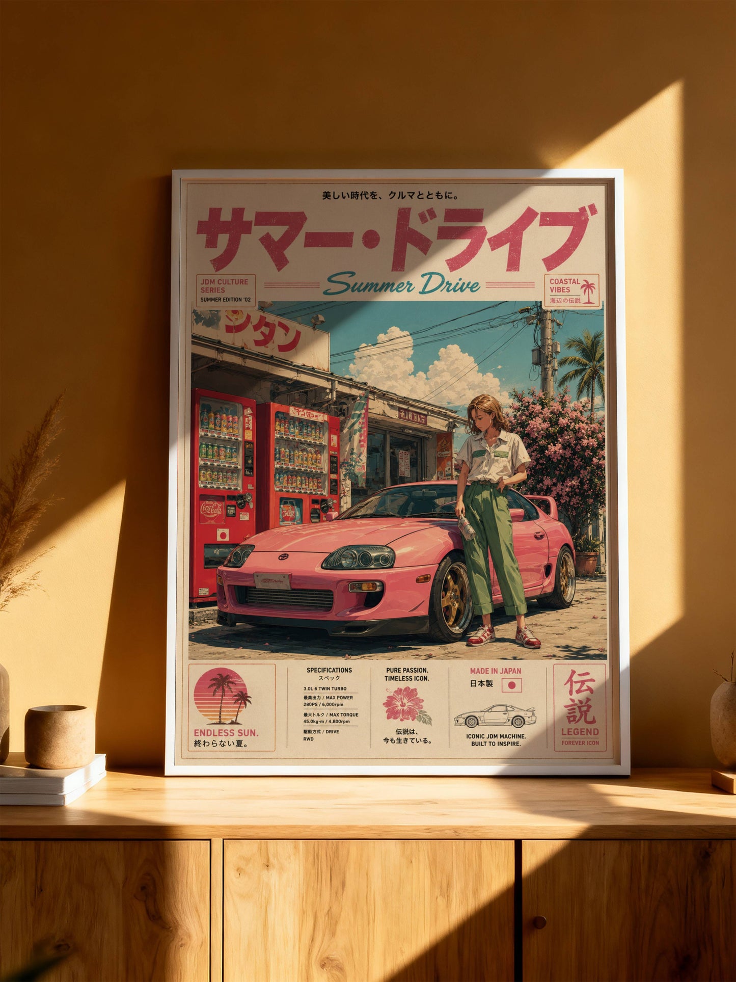 Toyota Supra MK4 Summer Drive Poster – Affiche JDM Japonaise Vintage Rose Style Y2K