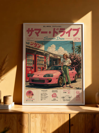 Toyota Supra MK4 Summer Drive Poster – Affiche JDM Japonaise Vintage Rose Style Y2K