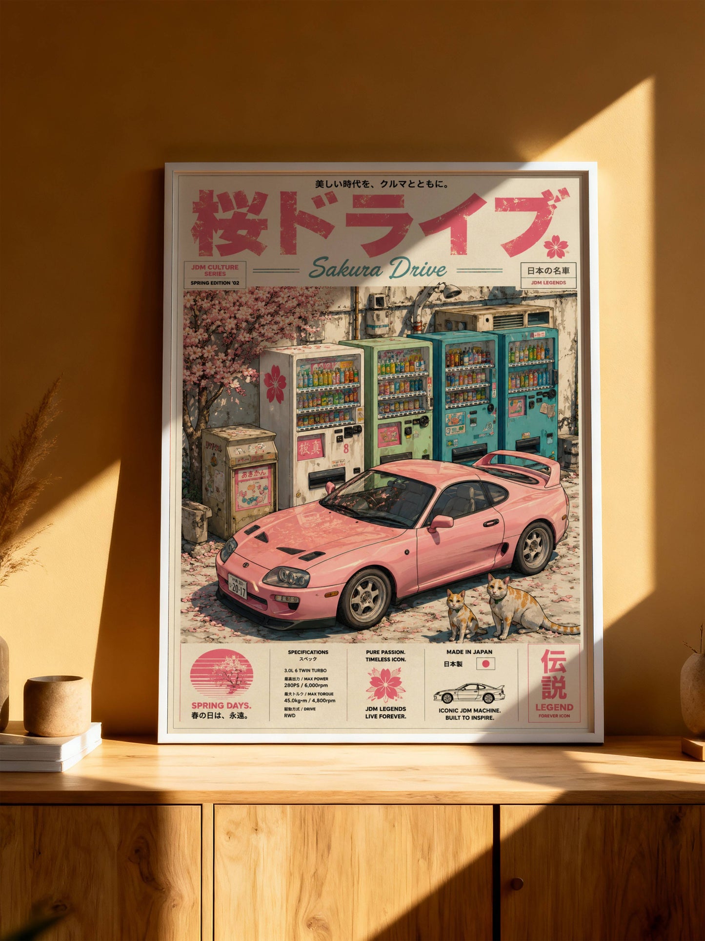 Toyota Supra MK4 Sakura Drive Poster – Affiche JDM Japonaise Vintage Rose Style Magazine