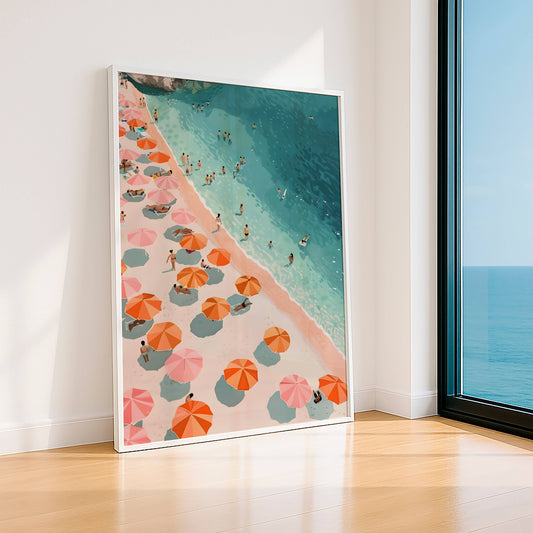 Affiche Plage Vintage Minimaliste – Poster Parasols Pastel Bord de Mer & Deco Murale Été Méditerranéen