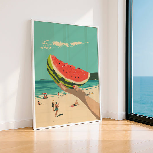 Affiche Pastèque Vintage Minimaliste – Poster Plage Été Tropical & Deco Murale Bord de Mer