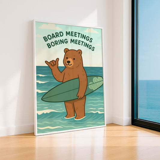 Funny Surf Bear Poster, Beach Wall Art, Retro Summer Print, Coastal Animal Artwork, Vintage Surf Decor, Ocean Lifestyle Poster