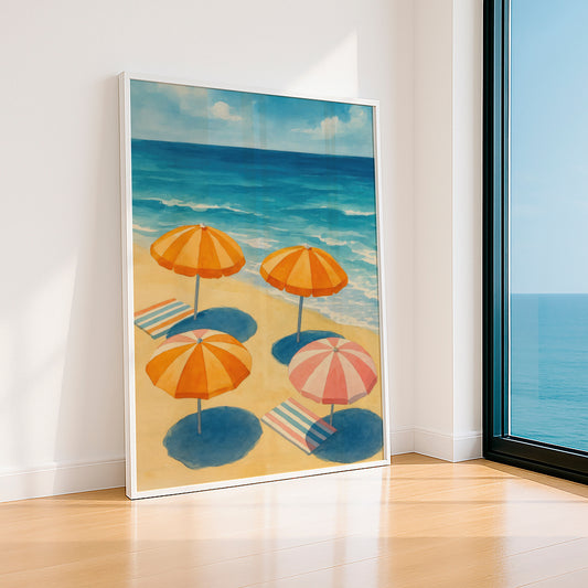 Vintage Beach Umbrella Poster, Coastal Wall Art, Retro Summer Beach Print, Ocean Landscape Decor, Seaside Vacation Artwork
