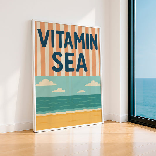 Vitamin Sea Poster, Vintage Beach Wall Art, Coastal Summer Print, Ocean Lover Decor, Retro Seaside Artwork