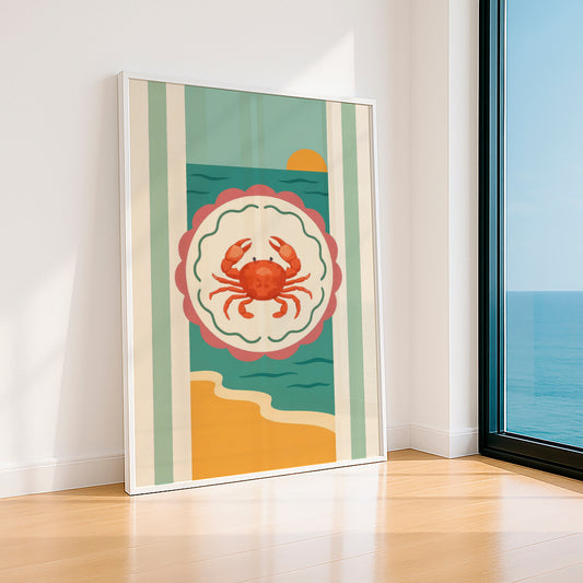 Vintage Crab Beach Poster, Coastal Wall Art, Retro Ocean Print, Nautical Summer Decor, Seaside Artwork
