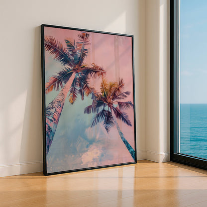 Affiche Palmiers Tropicaux Rose et Bleu – Ambiance Sunset Tropicale | Poster sur Papier Mat