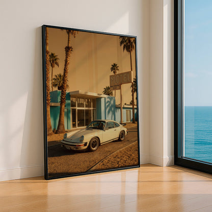 Affiche Porsche 911 devant Motel Vintage – Esprit Road Trip Américain & Architecture Mid-Century | Poster Automobile Rétro