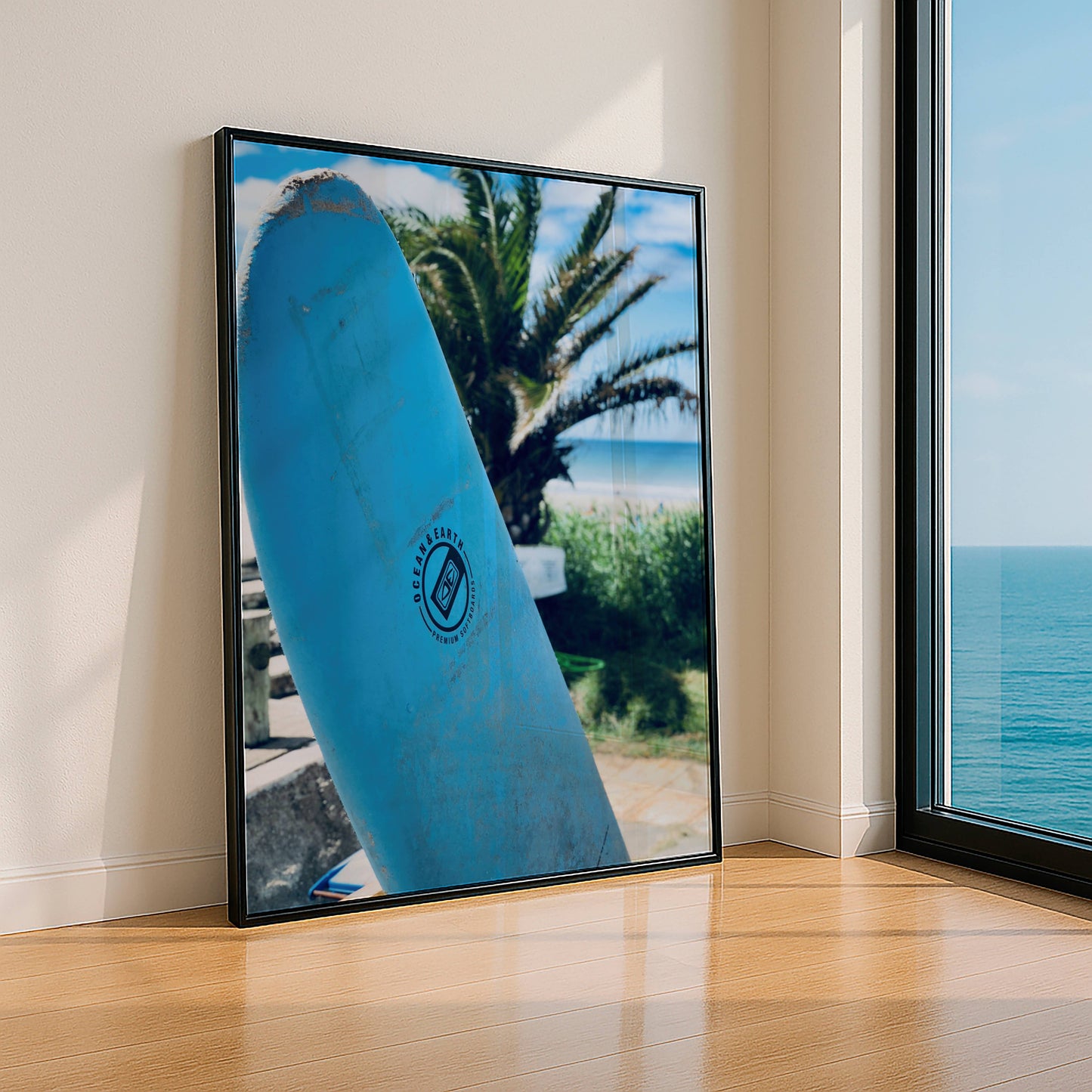 Affiche Planche de Surf Bleue – Ambiance Tropicale et Bord de Mer | Poster sur Papier Mat