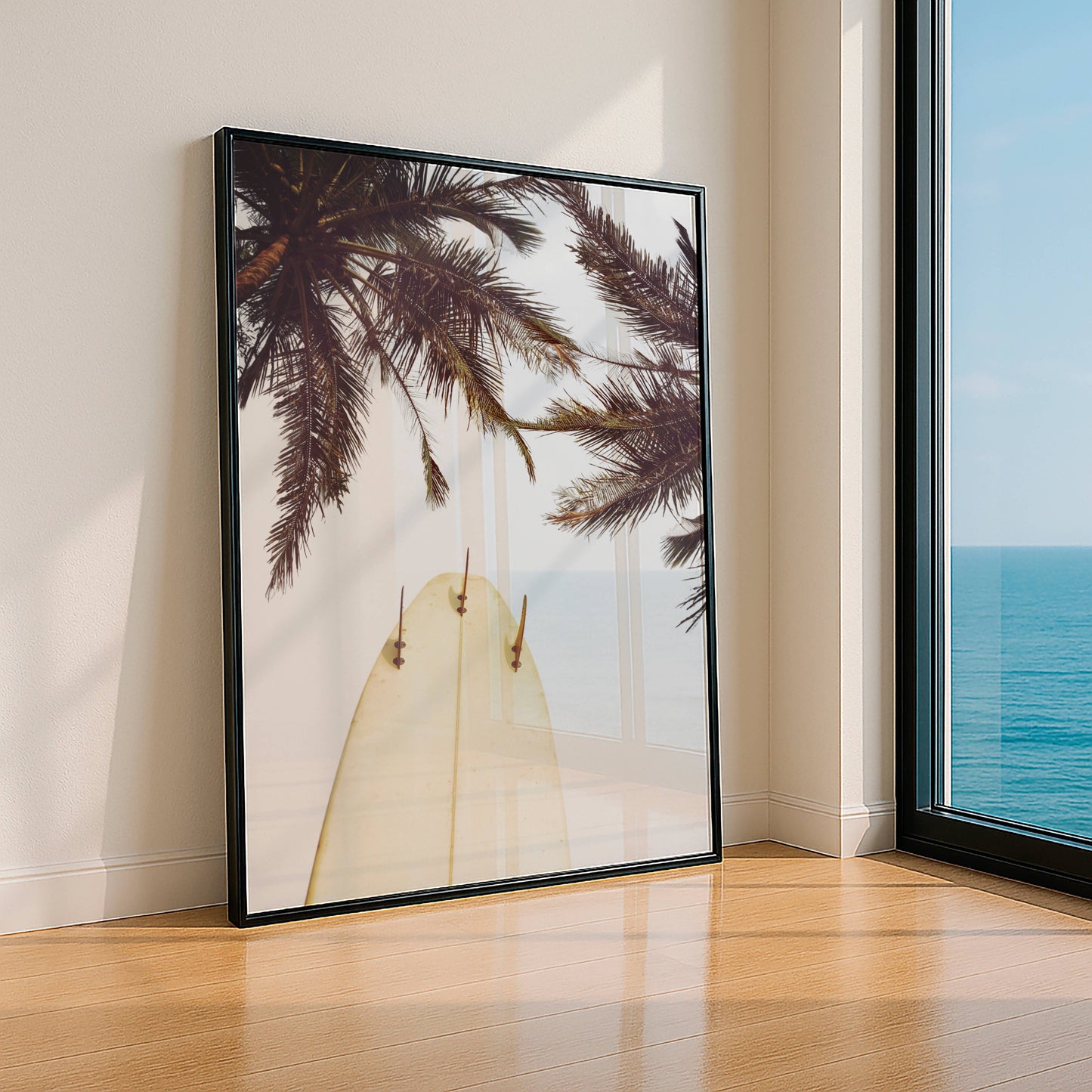 Affiche Planche de Surf et Palmiers – Esprit Tropical et Évasion Côtière | Poster sur Papier Mat