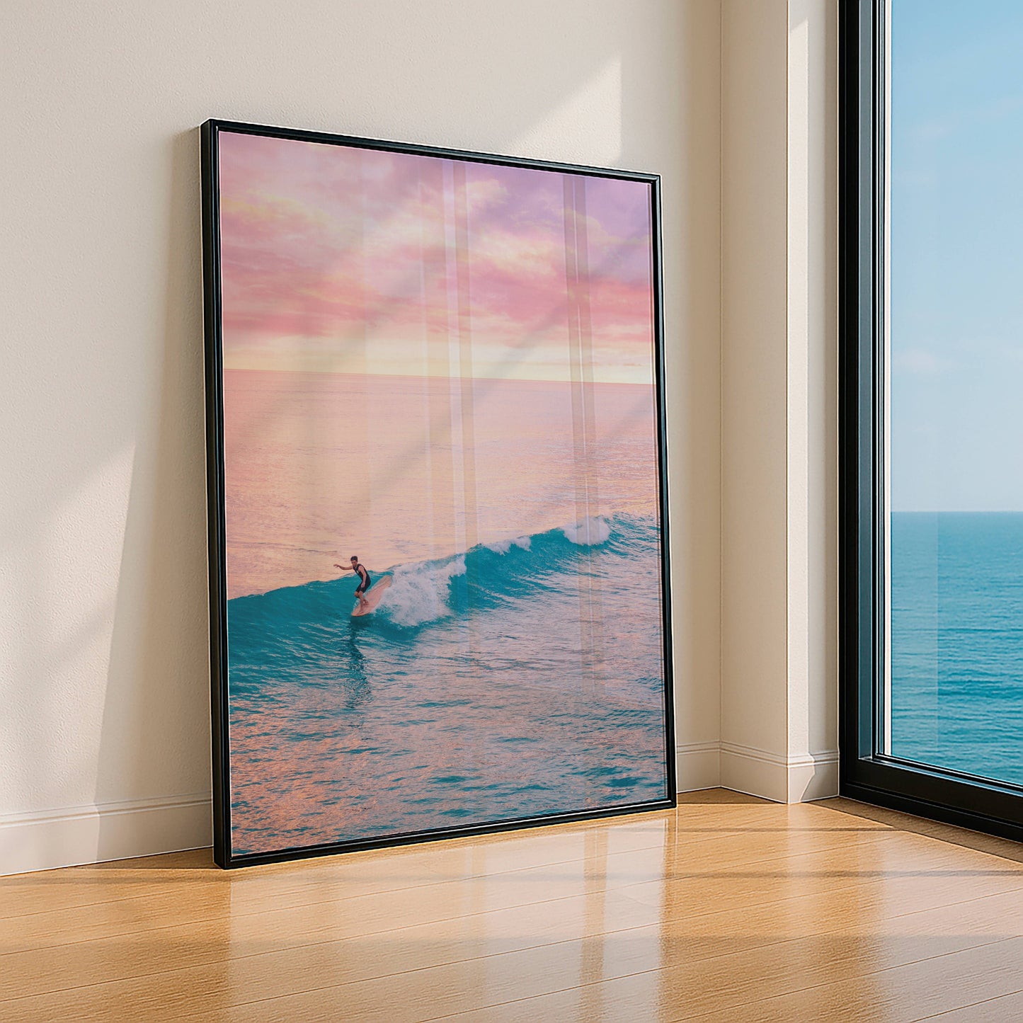 Affiche Surf au Crépuscule Rose – Vague Océanique et Ambiance Tropicale | Poster sur Papier Mat